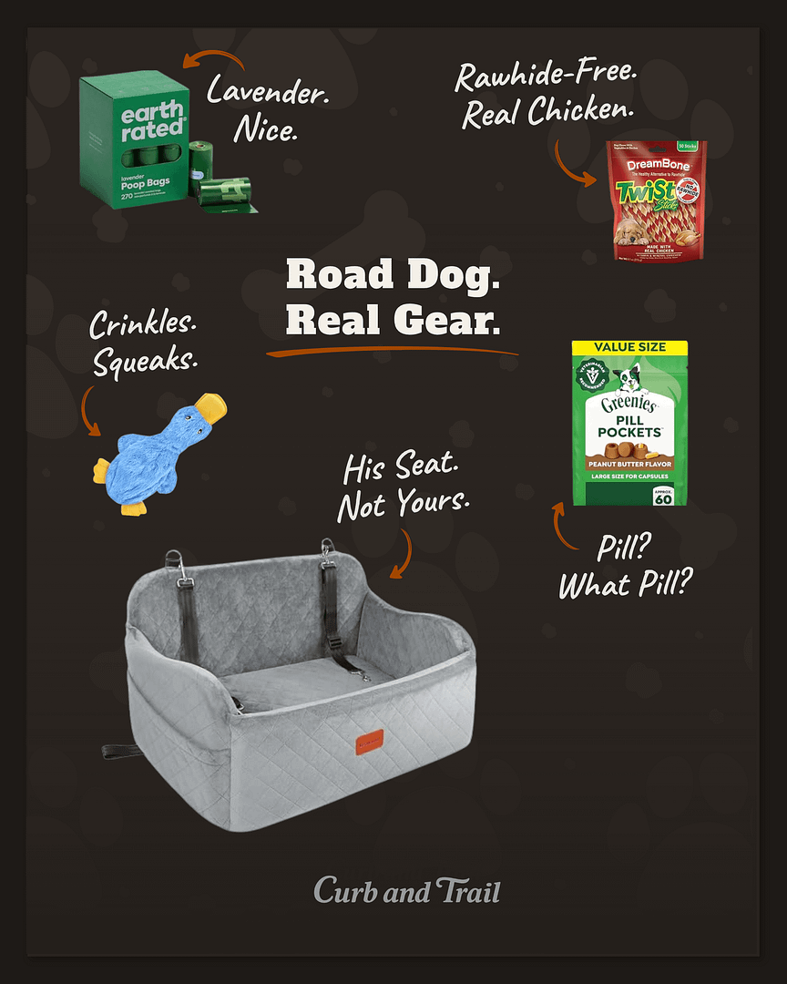 Shoppable dog collection titled: Road Dog. Real Gear. with dog travel gear.
