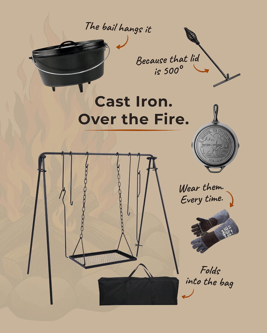 Cast iron campfire cooking setup with swing grill stand, hanging Dutch oven, skillet, lid lifter, and heat-resistant gloves.