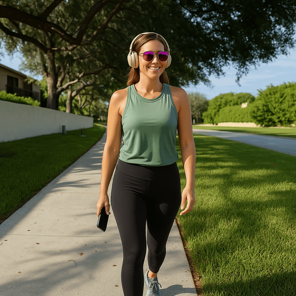 Woman-walking-enjoying-Pentatonix-Playlist