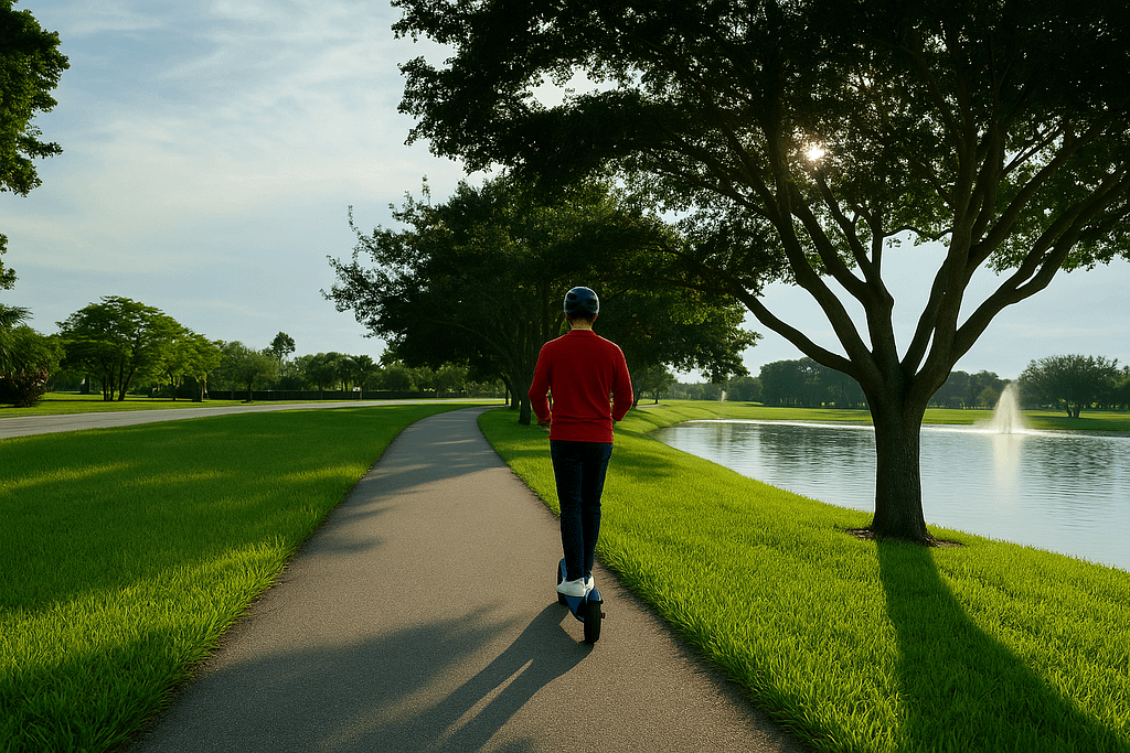 Man riding an e-scooter on a paved sidewalk beside a road, illustrating bike path vs sidewalk rules in USA e-scooter laws.