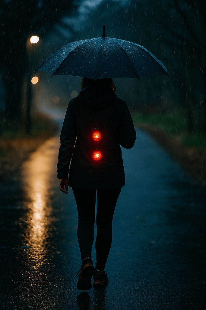 Person walking in the rain carrying an umbrella and wearing safety lights for visibility