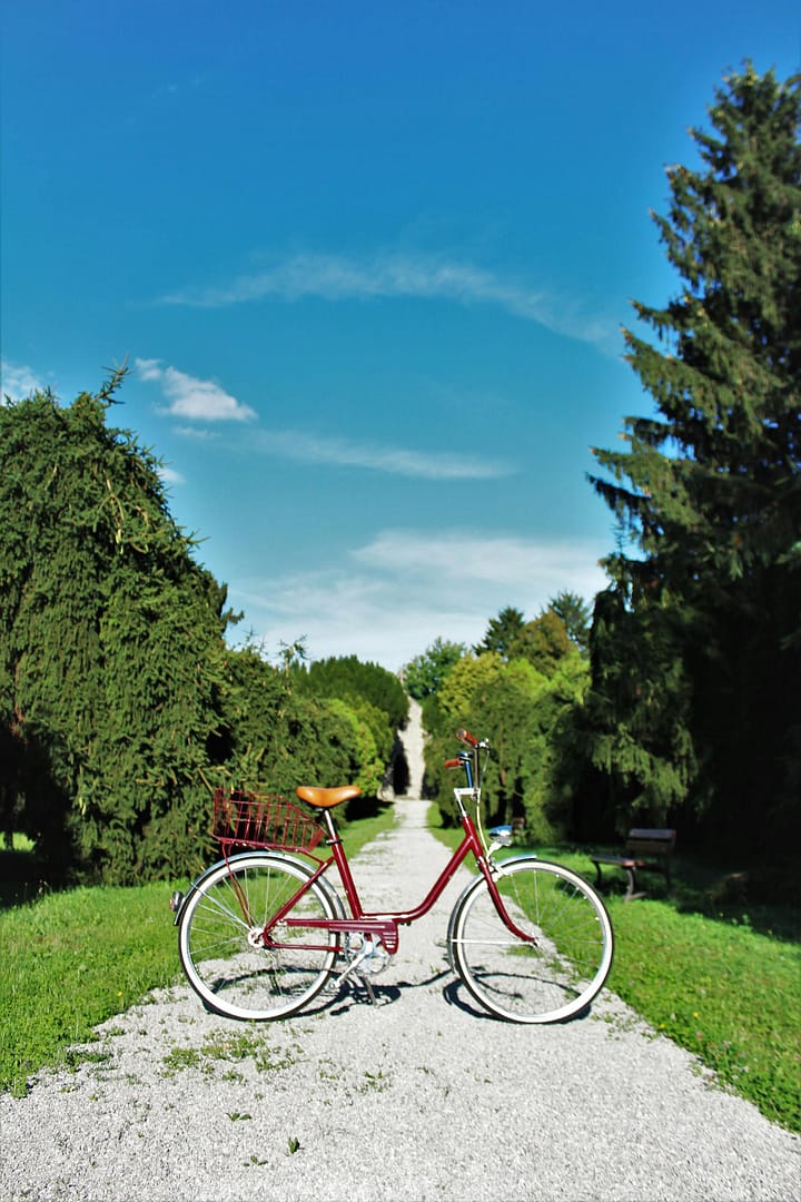 A classic red bicycle on a gravel path, surrounded by lush greenery under a clear blue sky.