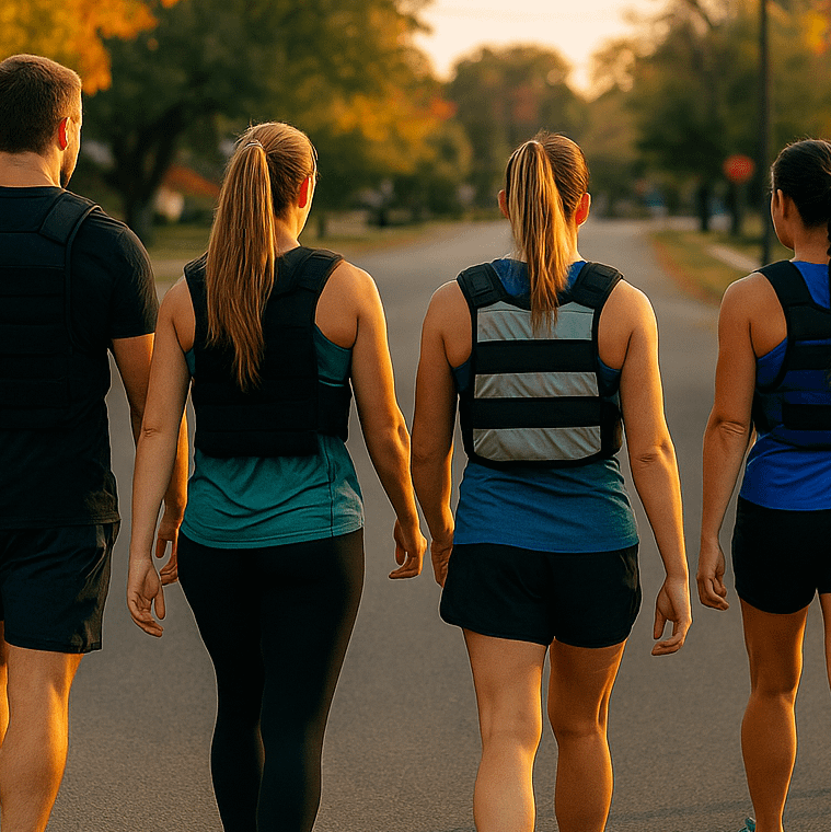 People rucking with a weighted vest during an evening community walk. 