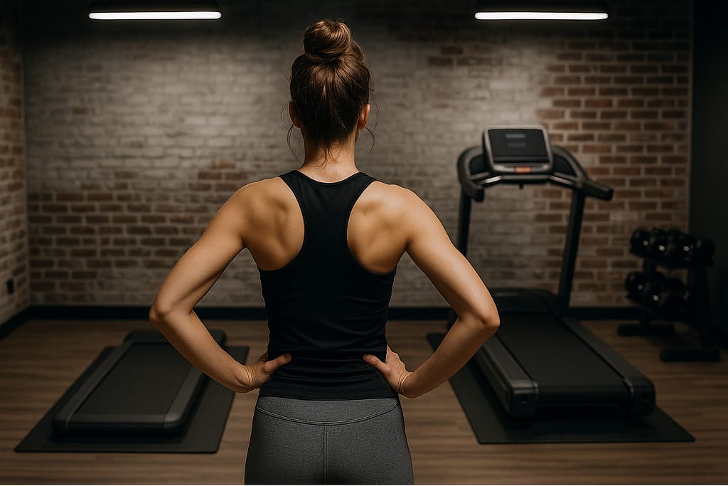 Fit young woman deciding between a walking pad and a treadmill in a modern home gym