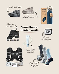 Walking gear for a harder workout including a weighted vest, ankle weights, a step counter, compression socks, shoes for both men and women, an insulated water bottle, and Korean SPF
