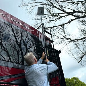 RV gear and essentials - Starlink pole mounted on our motorhome.