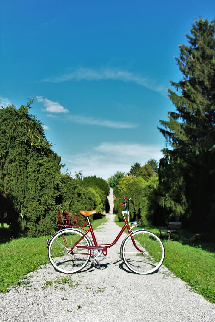 A classic red bicycle on a gravel path, surrounded by lush greenery under a clear blue sky.