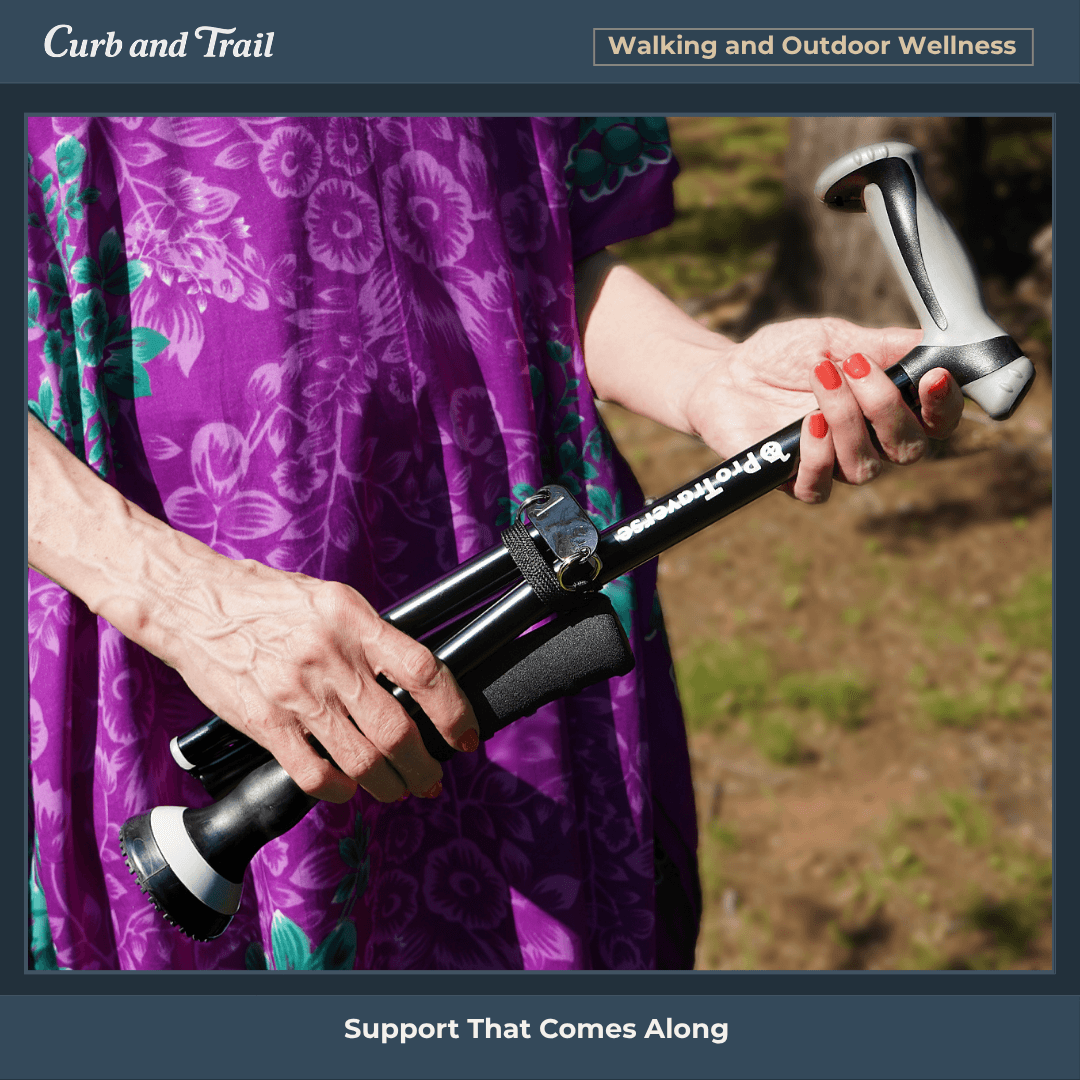 Woman outdoors holding a folded walking cane.